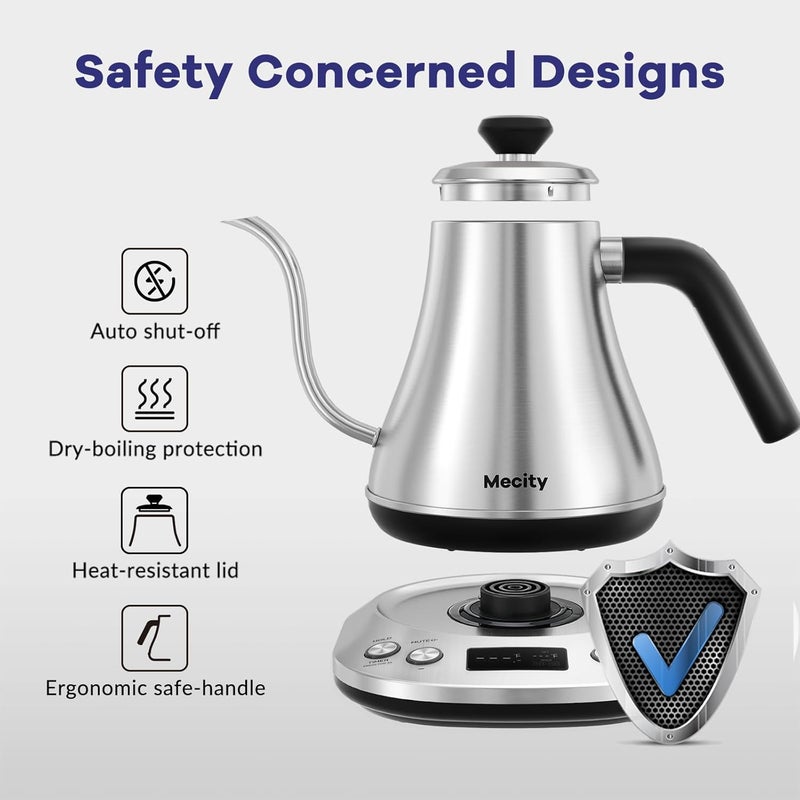 Mecity Electric Gooseneck Kettle With LCD Display Automatic Shut Off Retro Coffee Kettle Temperature Control Hot Water Boiler to Pour Over Tea, 1200 Watt Quick Heating Tea Pot, 0.8L, Stainless Steel - Image 4